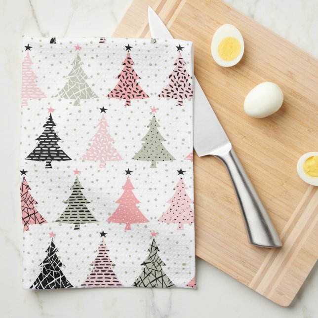 Christmas Tree Pink & Green with White Background Tea Towel (Quarter Fold)