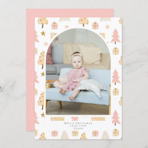Christmas Tree Pink Pattern Photo Personalised Holiday Card