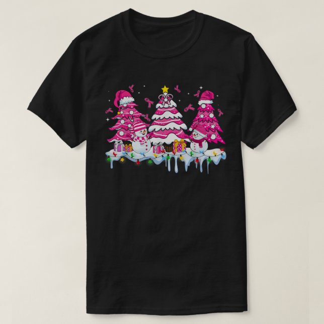 Christmas Tree Pink Ribbon Breast Cancer Awareness T-Shirt (Design Front)