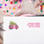 Christmas Tree Pink RV Camper<br><div class="desc">Illustration of a pink RV with Christmas tree strapped to top.</div>