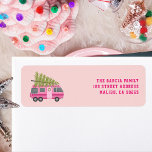 Christmas Tree Pink RV Camper Pink<br><div class="desc">Illustration of a pink RV with Christmas tree strapped to top. Background is pink.</div>