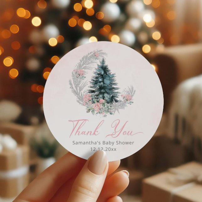 Christmas tree Pink Silver Thank you Classic Round Sticker (Creator Uploaded)