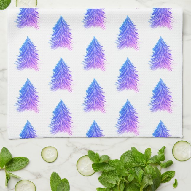 Christmas Tree Pink Watercolor Pattern Holiday Tea Towel (Folded)
