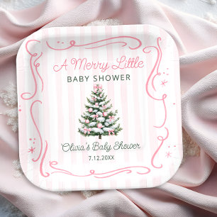 Christmas Tree Pink Winter Baby Shower Paper Plate