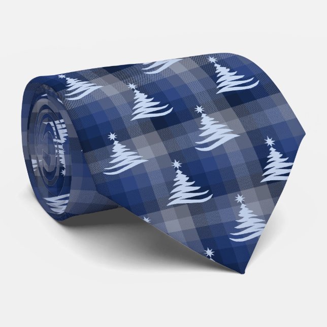 Christmas Tree Plaid Navy Blue Two-Sided Tie (Rolled)