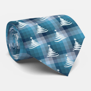 Christmas Tree Plaid Teal & Denim Blue Two-Sided Tie