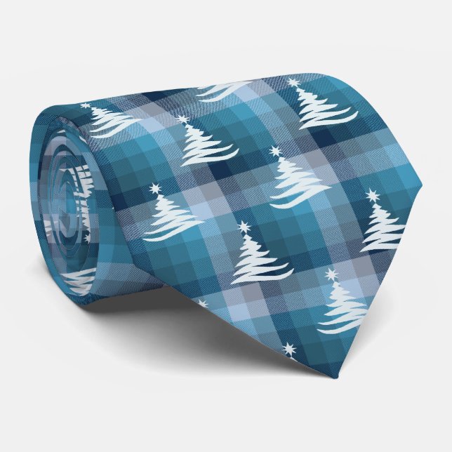 Christmas Tree Plaid Teal & Denim Blue Two-Sided Tie (Rolled)