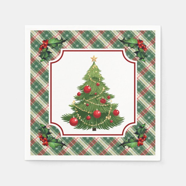Christmas Tree Plaid with Holly Napkin (Front)