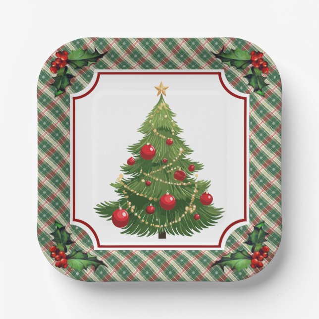 Christmas Tree Plaid with Holly Paper Plate (Front)