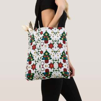 Christmas Tree Poinsettia Wreath Pattern — Festive Tote Bag