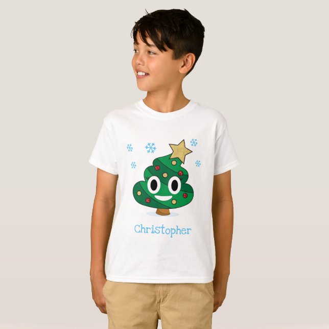 Christmas Tree Poop Emoji Kids T-Shirt With Name (Front Full)