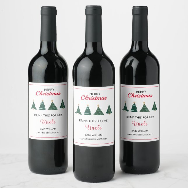 Christmas Tree Pregnancy Announcement Family Uncle Wine Label (Bottles)