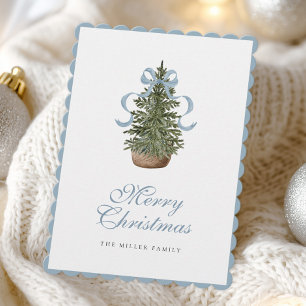 Christmas Tree Preppy Bow Blue Christmas Holiday Card
