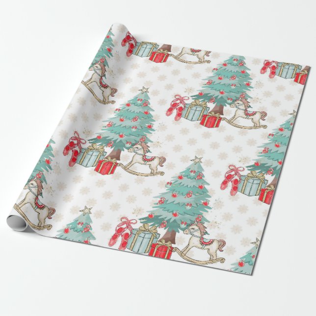 Christmas tree, presents and rocking horse wrapping paper (Unrolled)