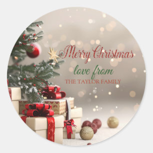 Christmas Tree Presents Bokeh Merry Christmas Classic Round Sticker