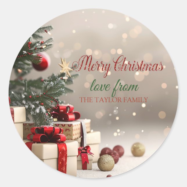 Christmas Tree Presents Bokeh Merry Christmas Classic Round Sticker (Front)