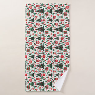 Christmas tree, presents, candy cane bath towel