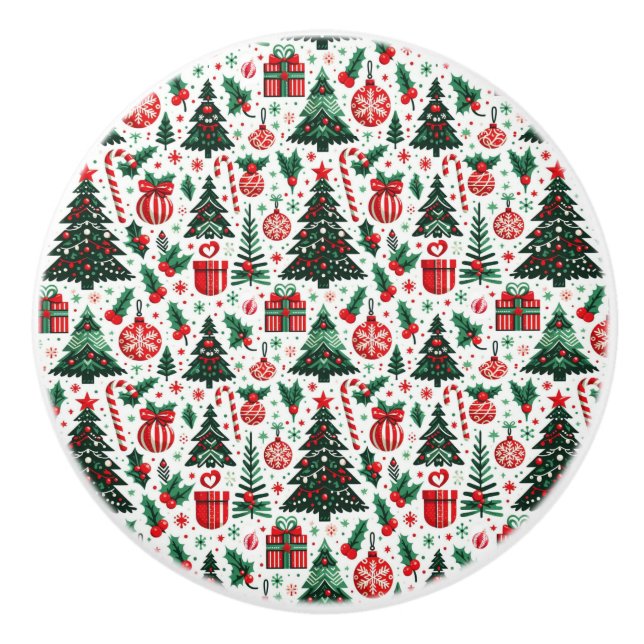 Christmas tree, presents, candy cane ceramic knob (Front)