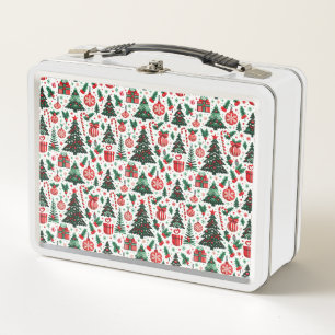 Christmas tree, presents, candy cane metal lunch box