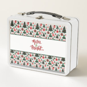 Christmas tree, presents, candy cane metal lunch box