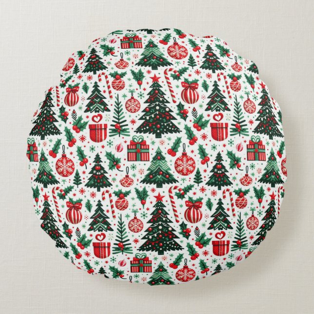 Christmas tree, presents, candy cane round cushion (Front)