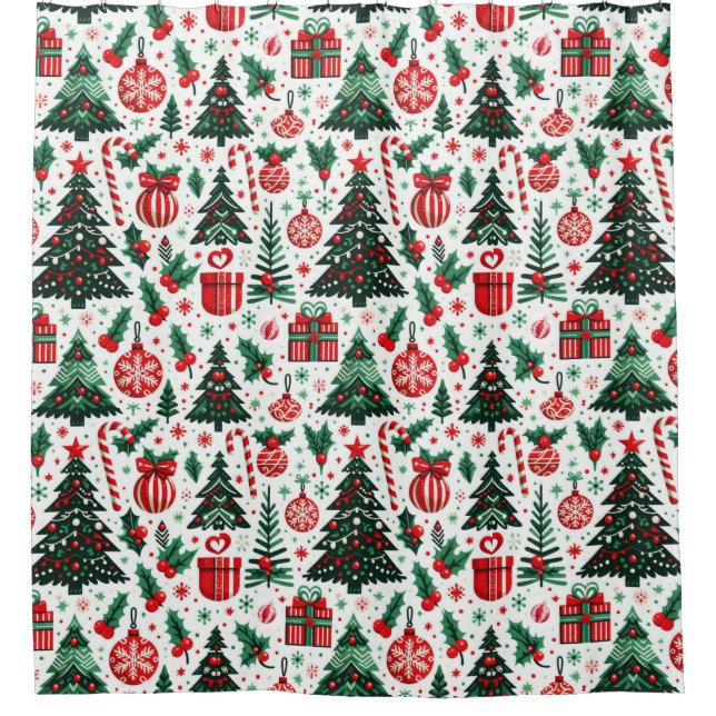 Christmas tree, presents, candy cane shower curtain (Front)