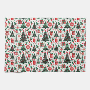 Christmas tree, presents, candy cane tea towel