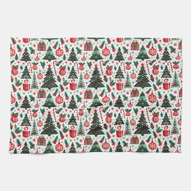 Christmas tree, presents, candy cane tea towel (Horizontal)