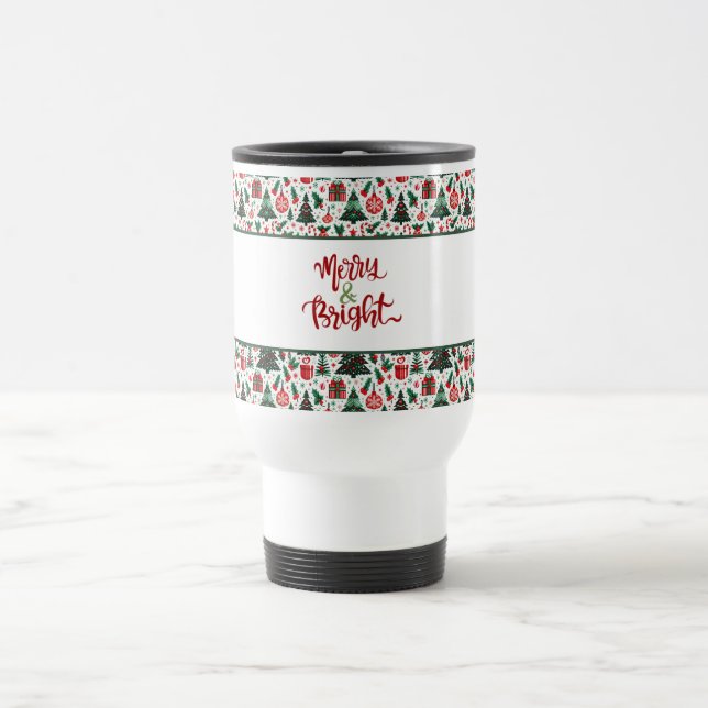 Christmas tree, presents, candy cane travel mug (Center)