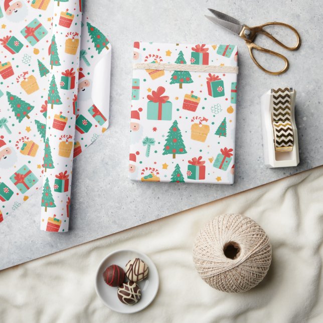 Christmas Tree Presents Colourful Pattern Xmas Gif Wrapping Paper (Crafts)