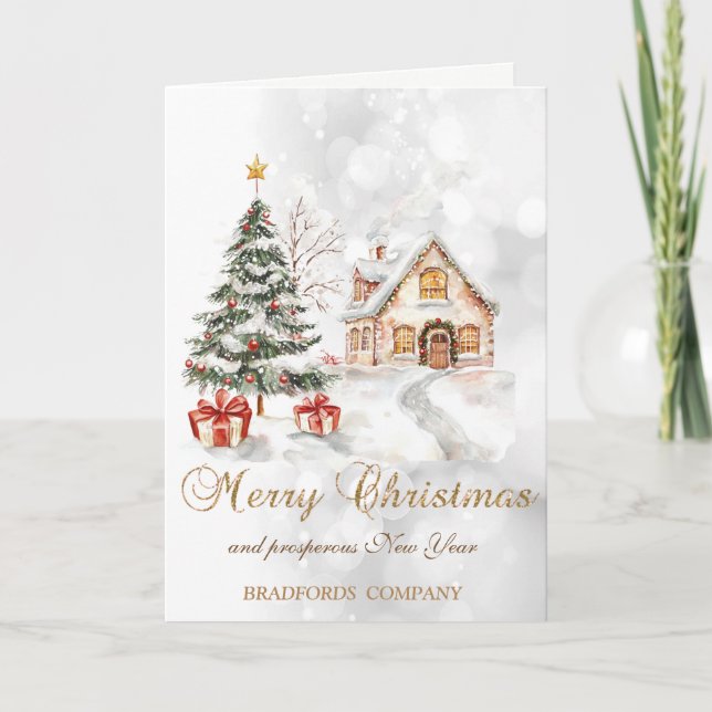 Christmas Tree Presents House Bokeh Company Holiday Card (Front)