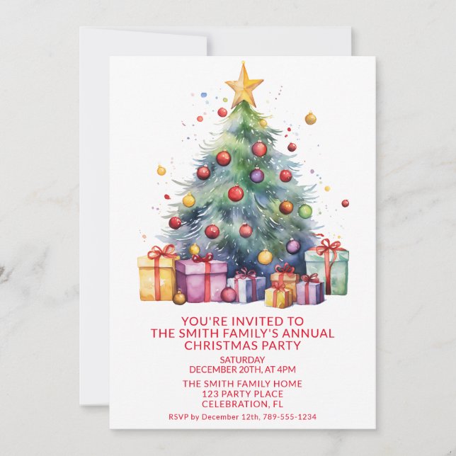Christmas Tree Presents Red Party Invitation (Front)