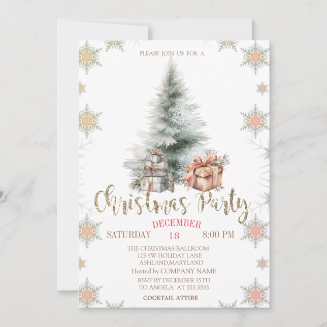 Christmas Tree Presents Snowflakes Invitation (Front)