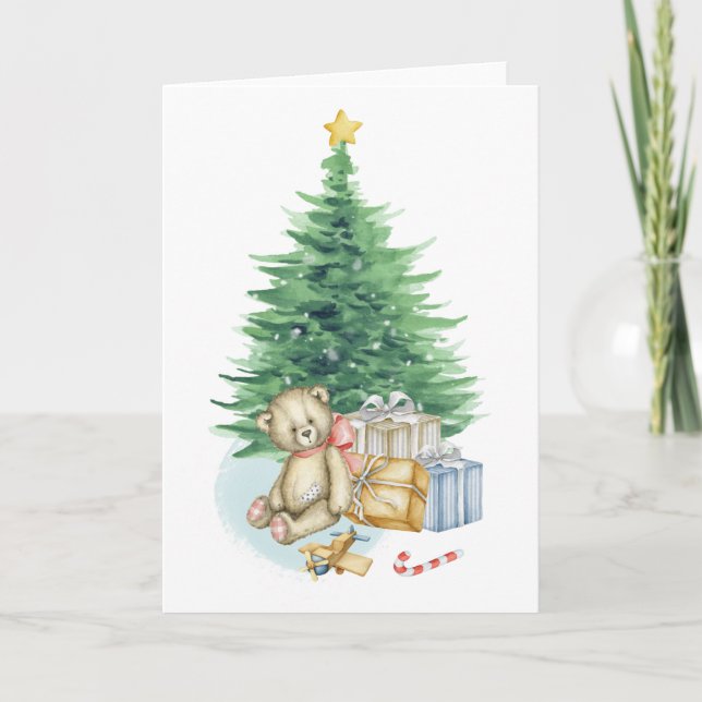 Christmas Tree Presents Teddy Bear Watercolor  Holiday Card (Front)