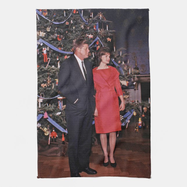 Christmas Tree President John Kennedy & Jacqueline Tea Towel (Vertical)