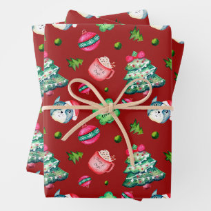 Christmas Tree, Puppy, Ornaments, Hot Chocolate Wrapping Paper Sheet