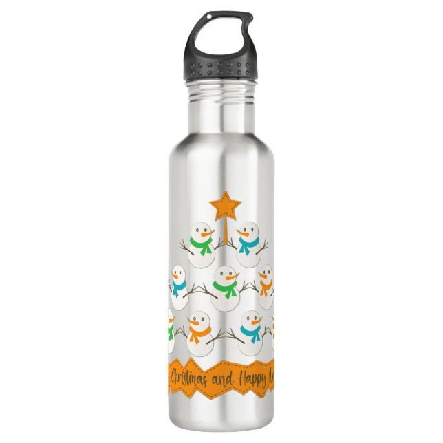 Christmas tree pyramid made of xmas snowmen 710 ml water bottle (Front)