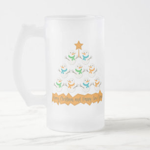 Christmas tree pyramid made of xmas snowmen frosted glass beer mug