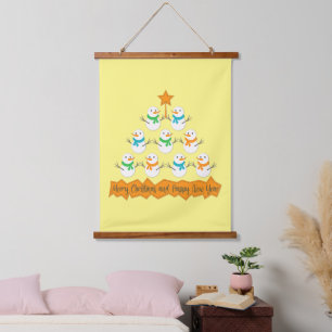 Christmas tree pyramid made of xmas snowmen hanging tapestry