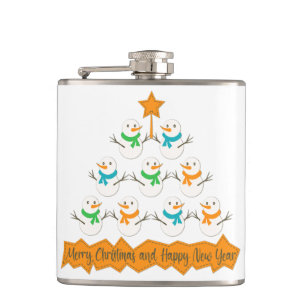 Christmas tree pyramid made of xmas snowmen hip flask