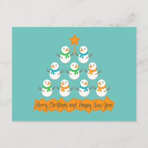 Christmas tree pyramid made of xmas snowmen holiday postcard