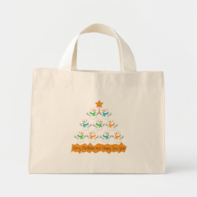 Christmas tree pyramid made of xmas snowmen mini tote bag (Front)