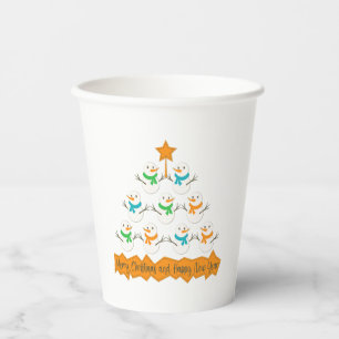 Christmas tree pyramid made of xmas snowmen paper cups