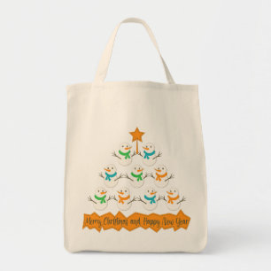 Christmas tree pyramid made of xmas snowmen tote bag