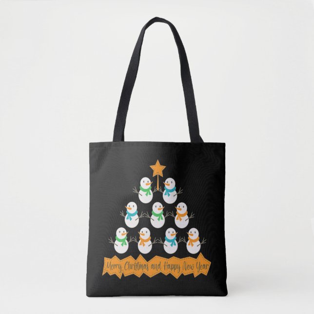 Christmas tree pyramid made of xmas snowmen tote bag (Front)