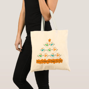 Christmas tree pyramid made of xmas snowmen tote bag