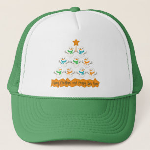 Christmas tree pyramid made of xmas snowmen trucker hat