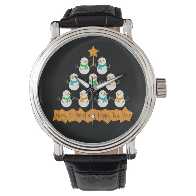 Christmas tree pyramid made of xmas snowmen watch (Front)