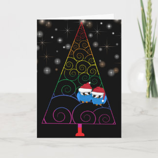 Christmas Tree Rainbow And Two Owls Holiday Card