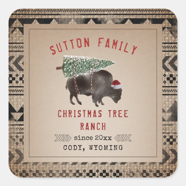 Christmas Tree Ranch Santa Bison Burlap Square Sticker (Front)